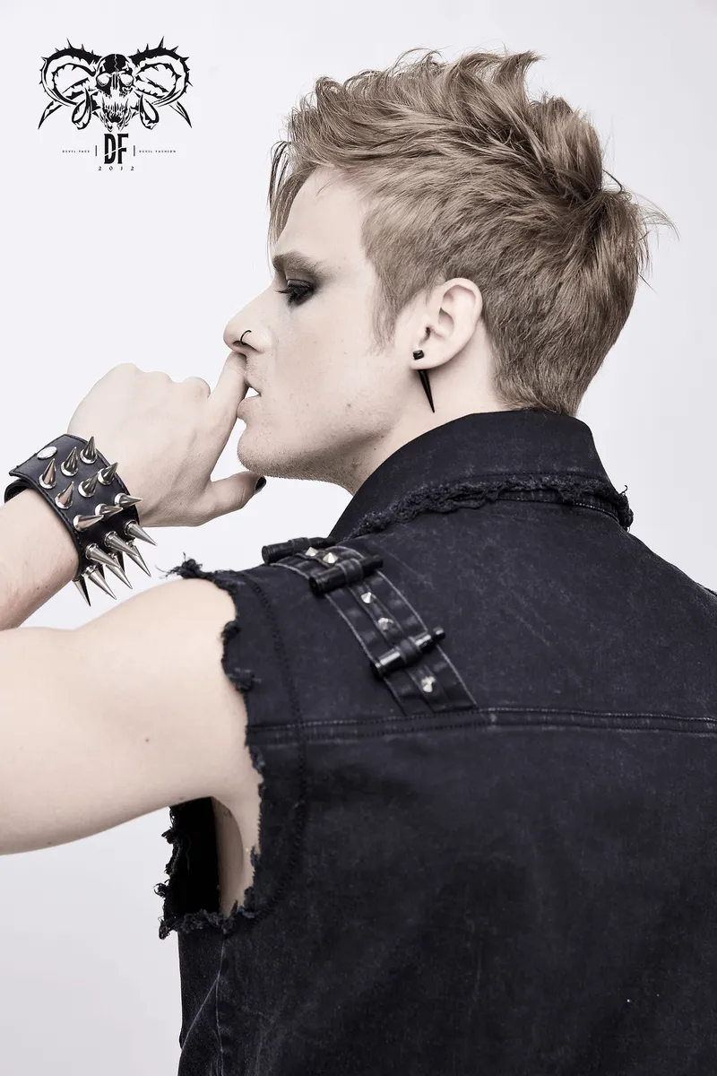 Punk Denim Sleeveless Vest with Pockets / Black Buttons Waistcoat in Alternative Style