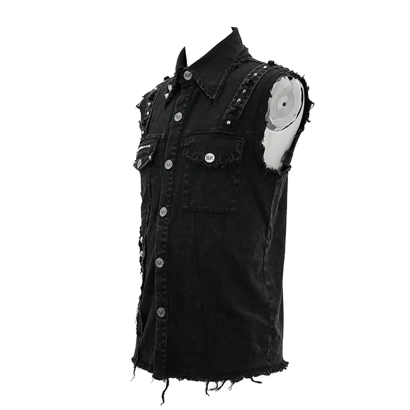 Punk Denim Sleeveless Vest with Pockets / Black Buttons Waistcoat in Alternative Style