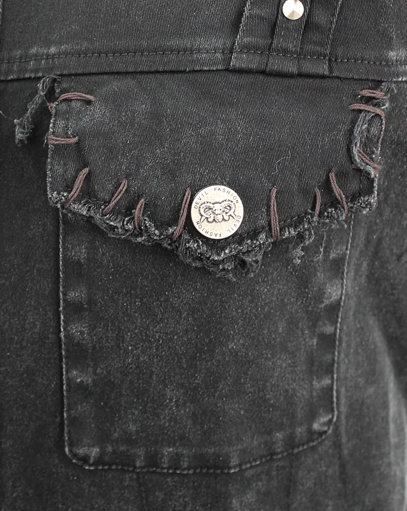 Punk Denim Sleeveless Vest with Pockets / Black Buttons Waistcoat in Alternative Style