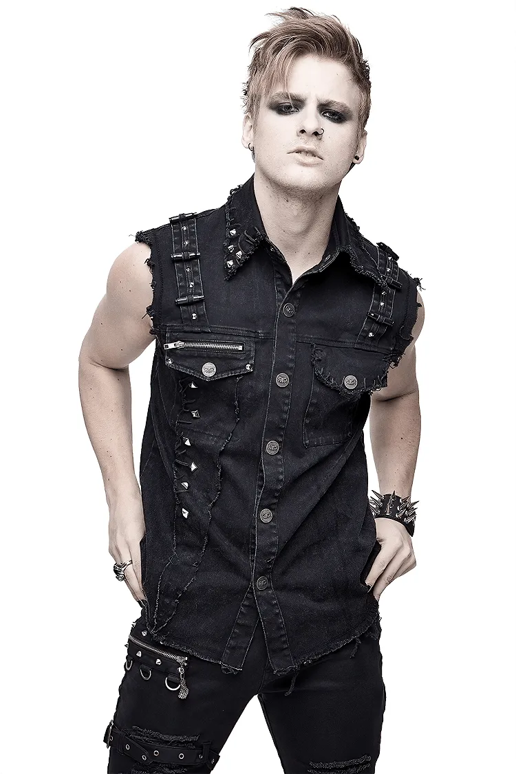 Punk Denim Sleeveless Vest with Pockets / Black Buttons Waistcoat in Alternative Style