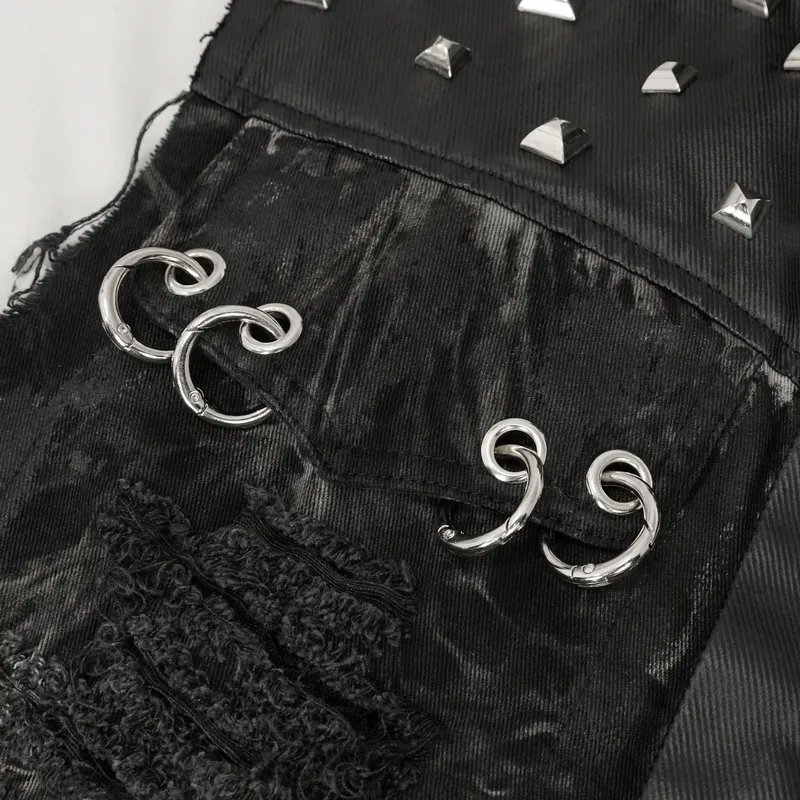 Punk Rock Asymmetrical Distressed Waistcoat / Gothic Mesh Rivets Vest with Pocket