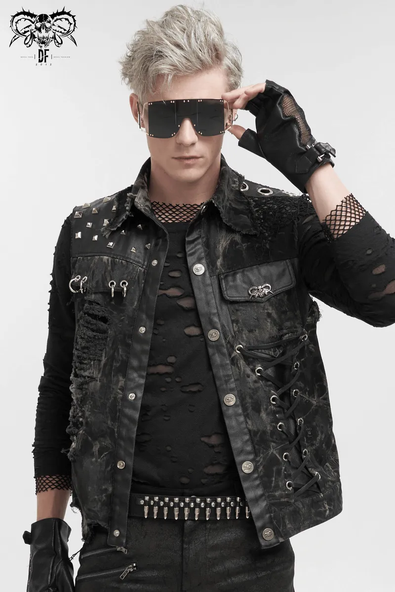 Punk Rock Asymmetrical Distressed Waistcoat / Gothic Mesh Rivets Vest with Pocket
