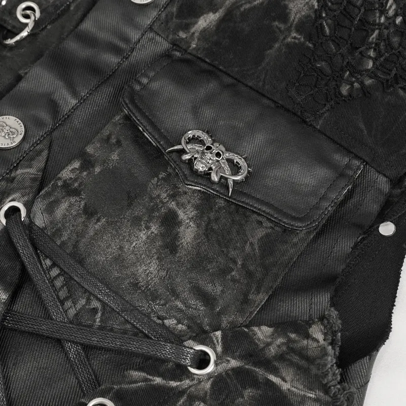 Punk Rock Asymmetrical Distressed Waistcoat / Gothic Mesh Rivets Vest with Pocket