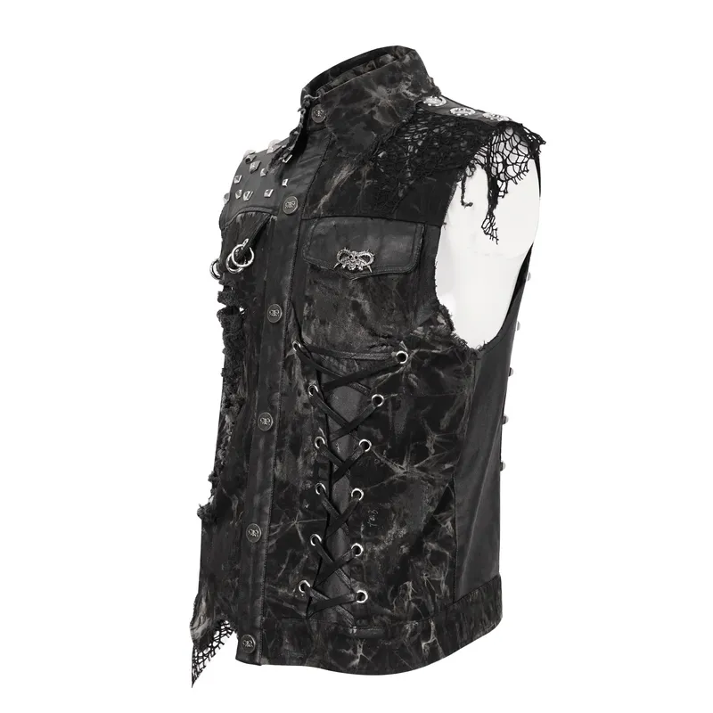 Punk Rock Asymmetrical Distressed Waistcoat / Gothic Mesh Rivets Vest with Pocket