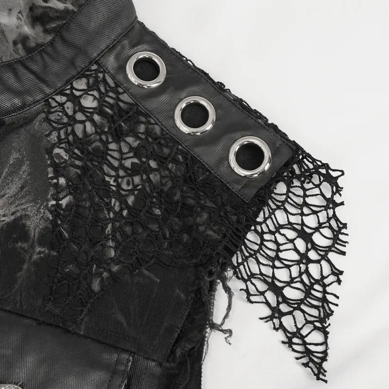Punk Rock Asymmetrical Distressed Waistcoat / Gothic Mesh Rivets Vest with Pocket