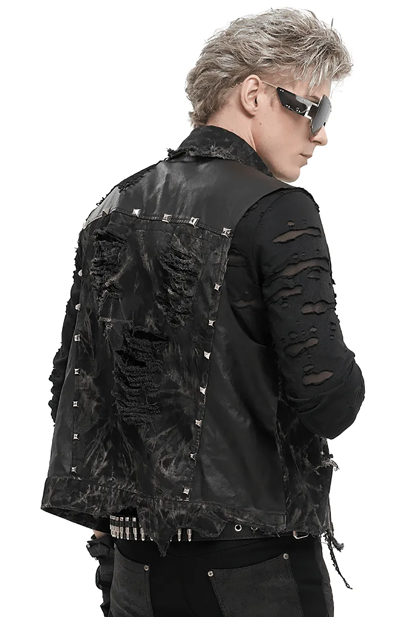 Punk Rock Asymmetrical Distressed Waistcoat / Gothic Mesh Rivets Vest with Pocket