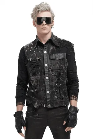 Punk Rock Asymmetrical Distressed Waistcoat / Gothic Mesh Rivets Vest with Pocket