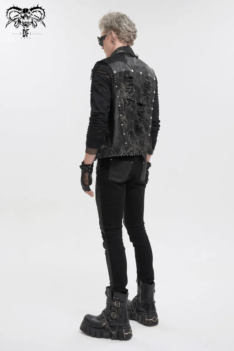 Punk Rock Asymmetrical Distressed Waistcoat / Gothic Mesh Rivets Vest with Pocket