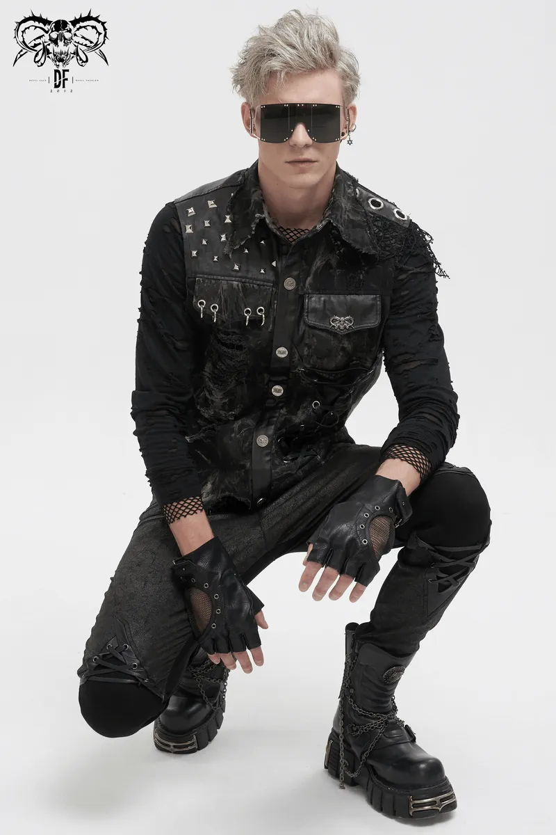 Punk Rock Asymmetrical Distressed Waistcoat / Gothic Mesh Rivets Vest with Pocket