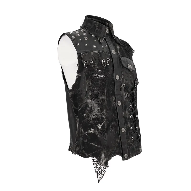 Punk Rock Asymmetrical Distressed Waistcoat / Gothic Mesh Rivets Vest with Pocket