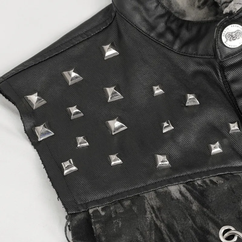 Punk Rock Asymmetrical Distressed Waistcoat / Gothic Mesh Rivets Vest with Pocket