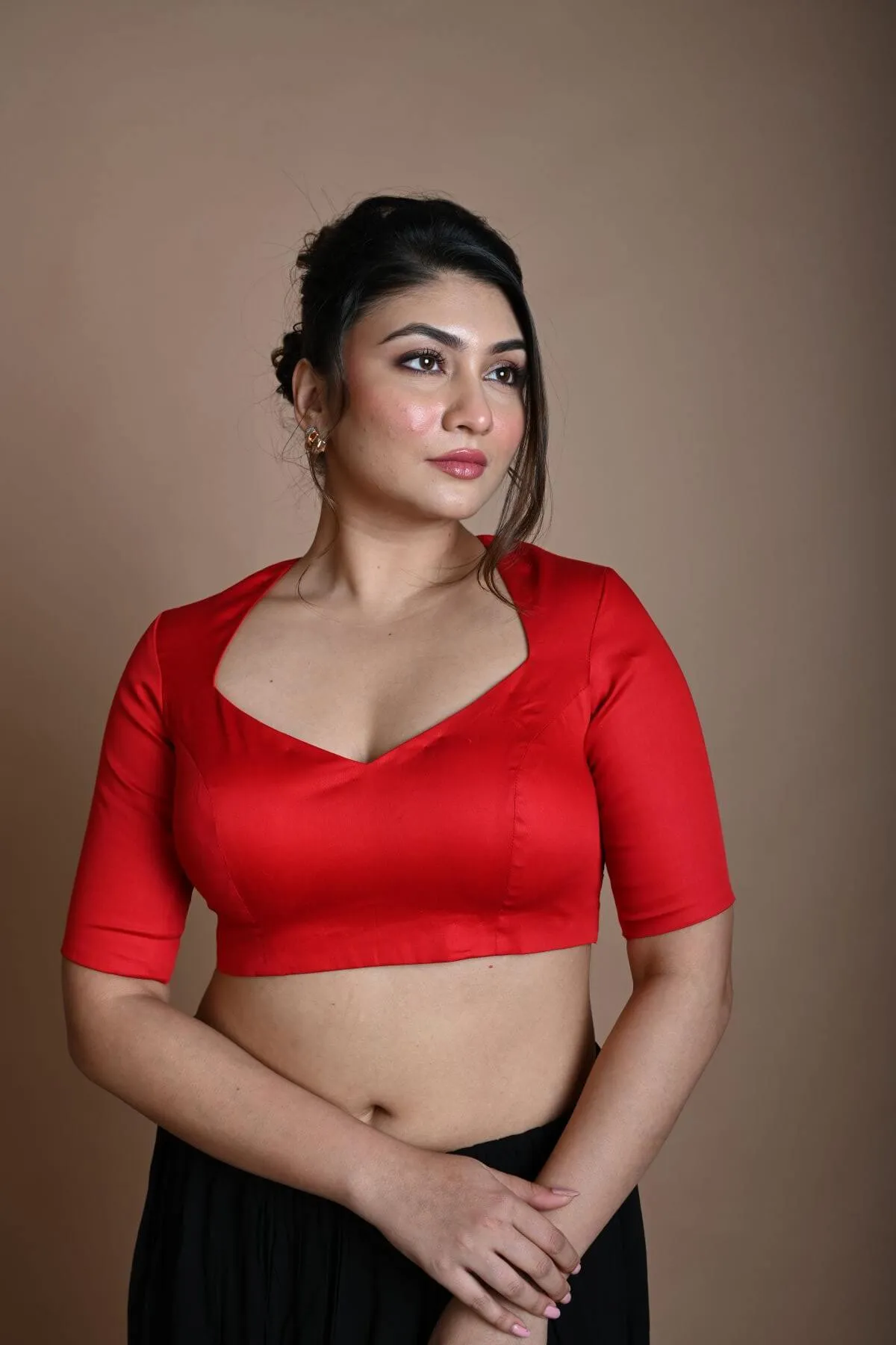 Red Cotton Half Sleeve Blouse with Back Cutout