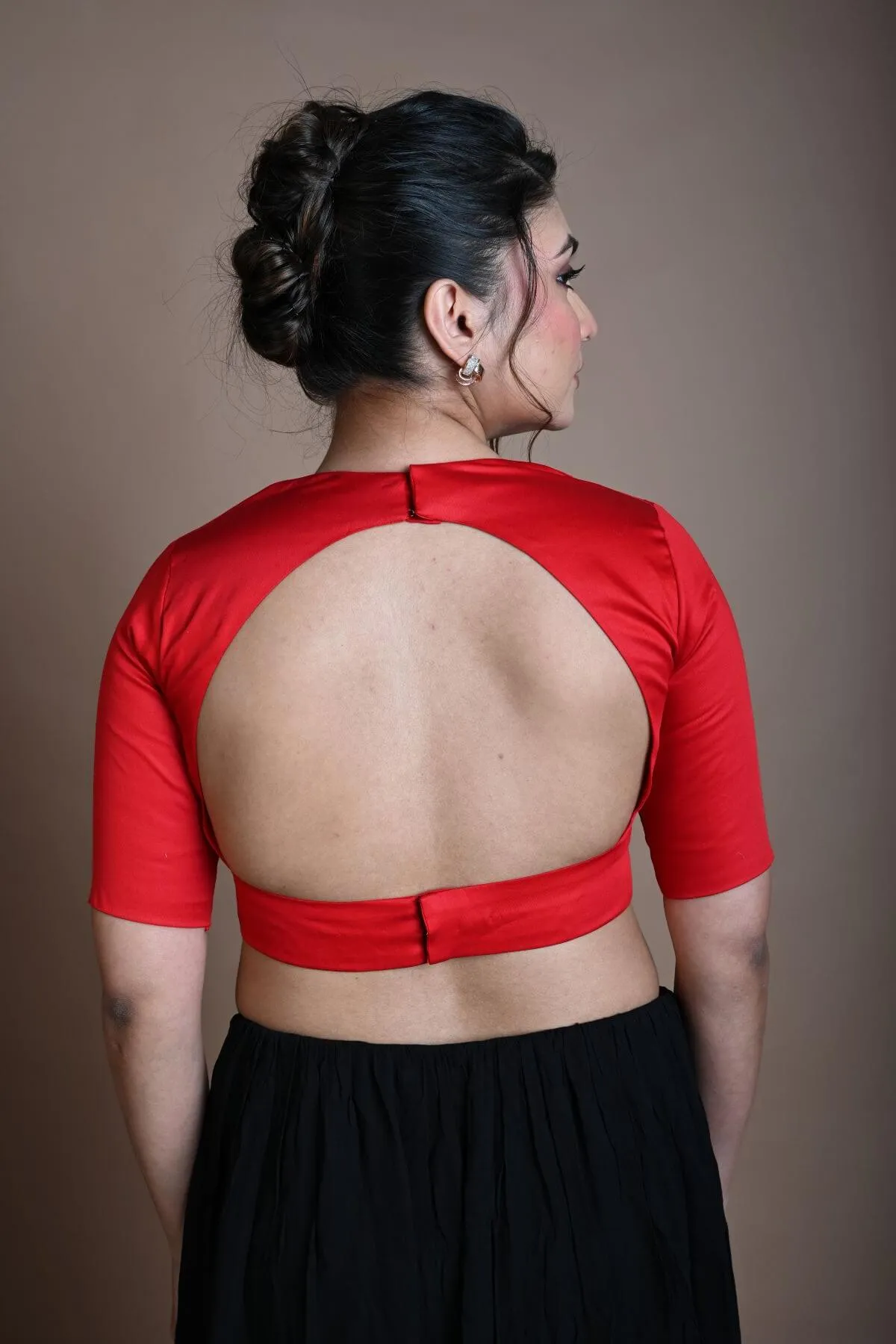Red Cotton Half Sleeve Blouse with Back Cutout