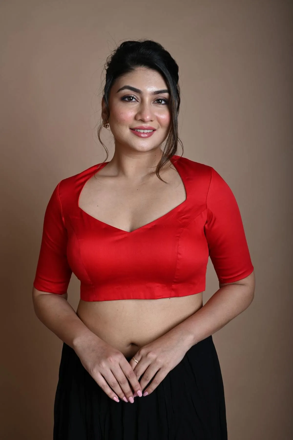 Red Cotton Half Sleeve Blouse with Back Cutout