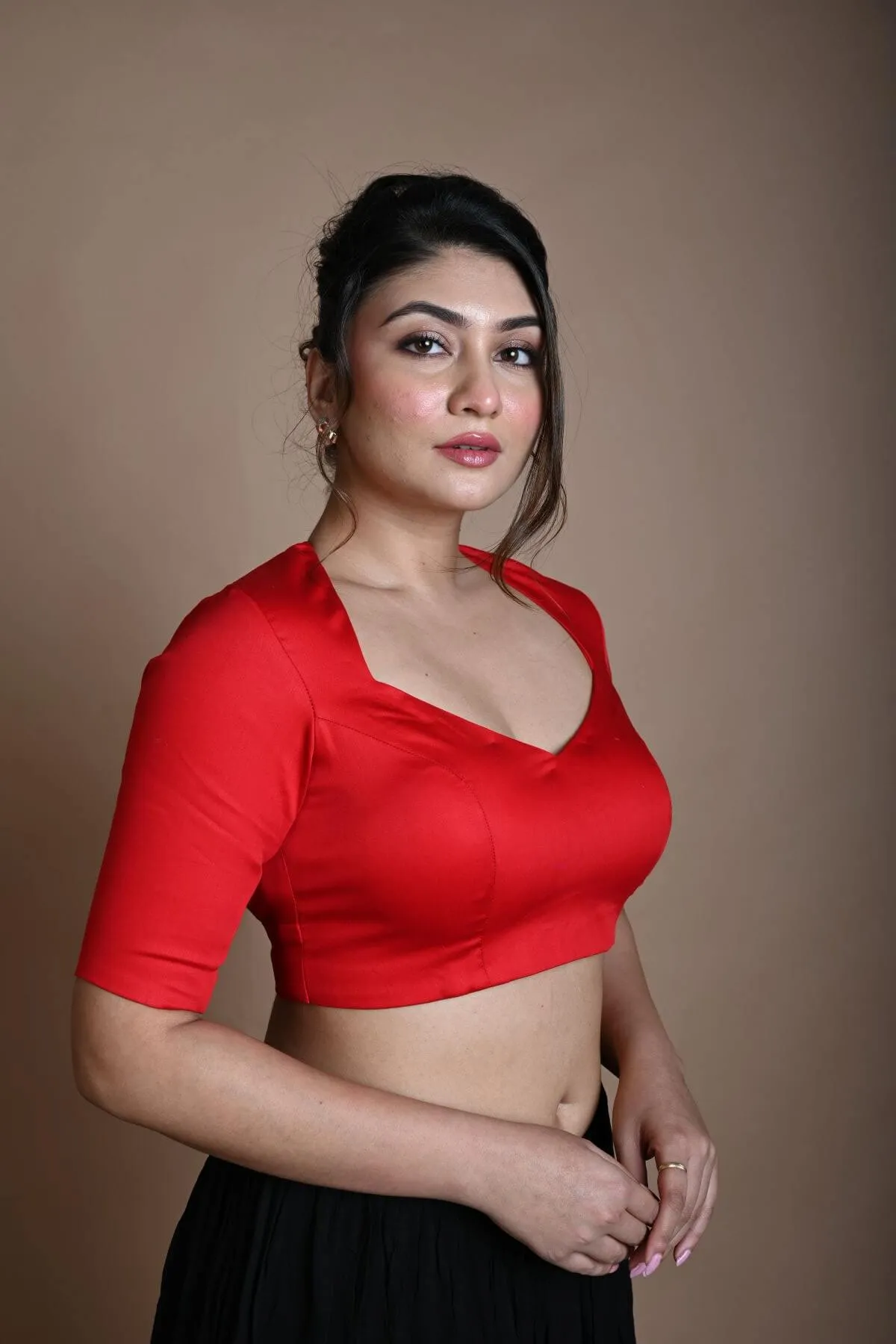 Red Cotton Half Sleeve Blouse with Back Cutout