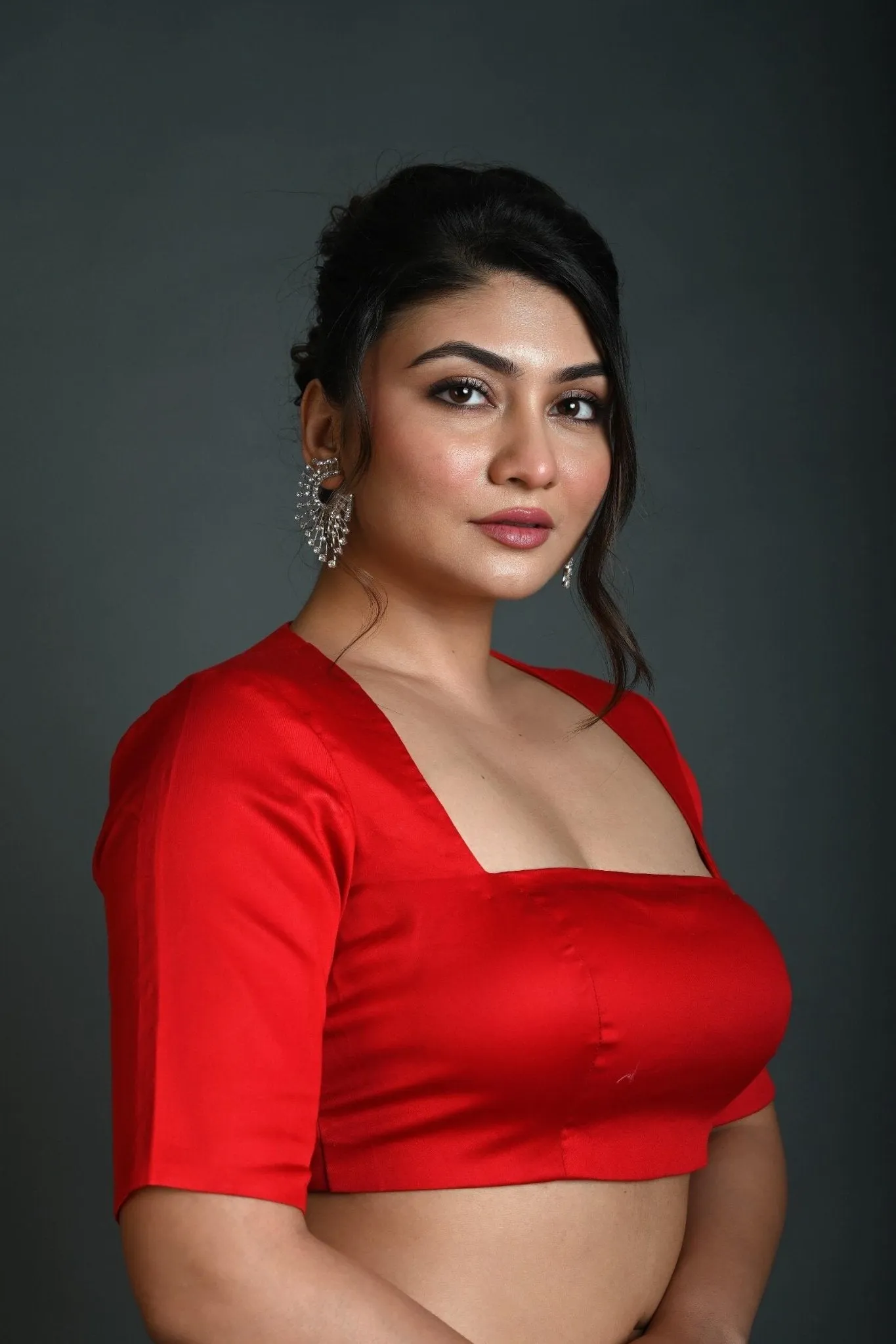Red Half Sleeve Blouse in Cotton with Square Neckline and Back Cutout