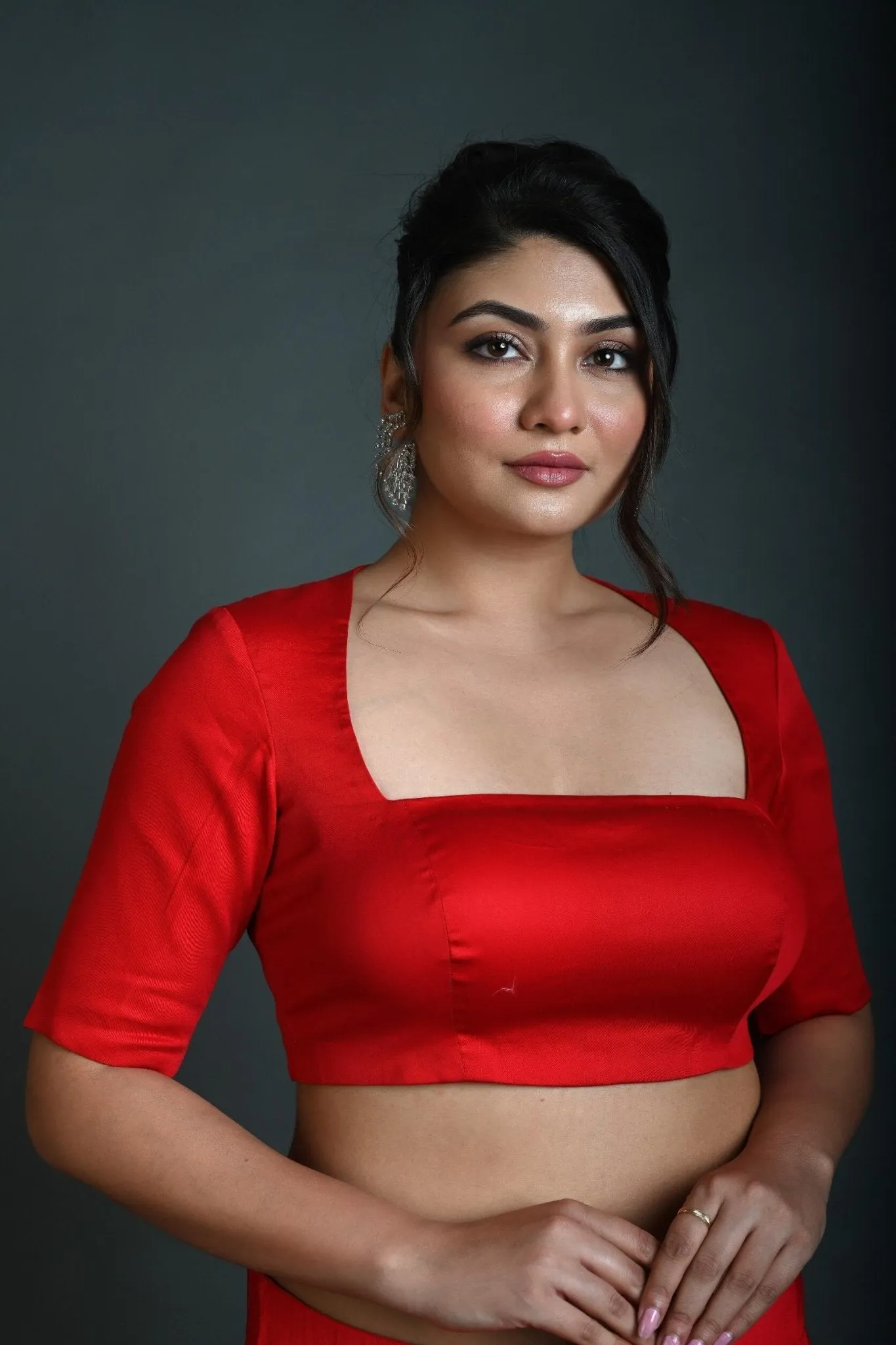 Red Half Sleeve Blouse in Cotton with Square Neckline and Back Cutout