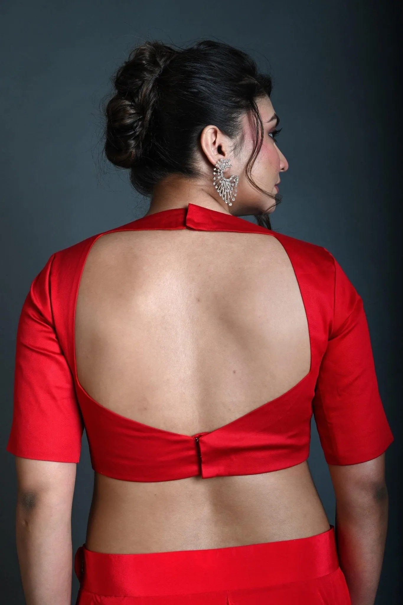 Red Half Sleeve Blouse in Cotton with Square Neckline and Back Cutout