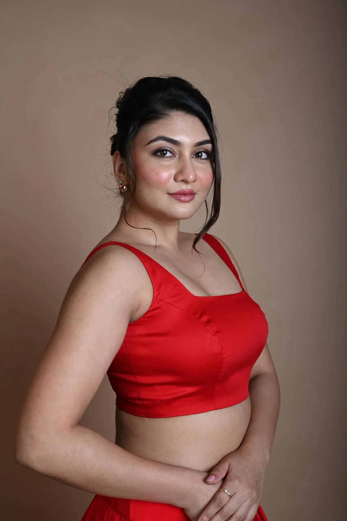Red Sleeveless Blouse in Cotton with Square Neckline