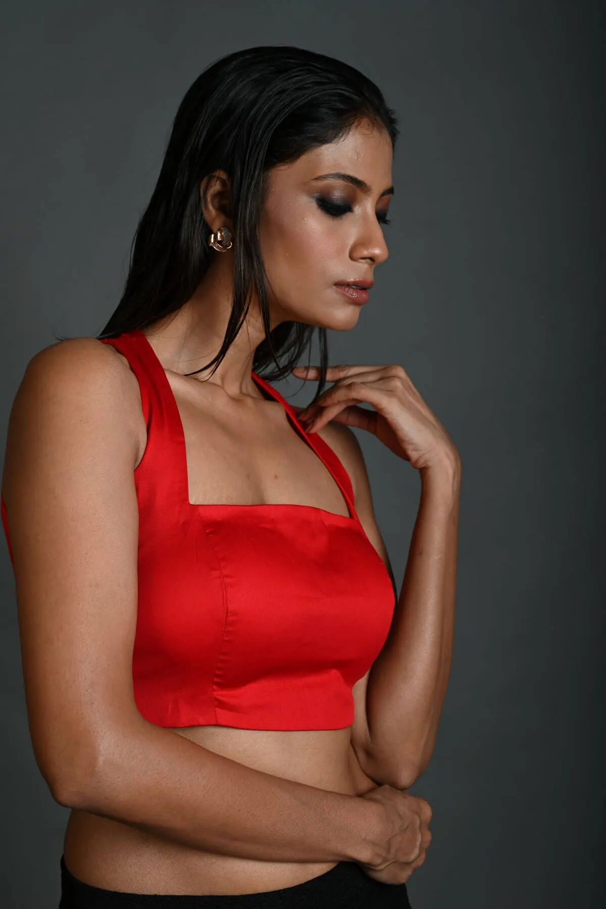 Red Sleeveless Halter Neck Blouse with Back Cutout in Cotton