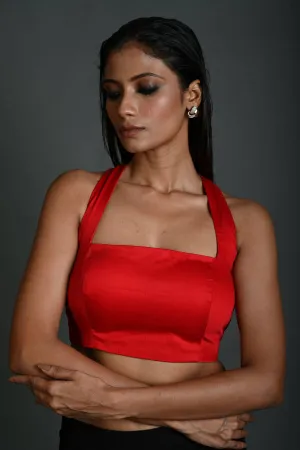 Red Sleeveless Halter Neck Blouse with Back Cutout in Cotton