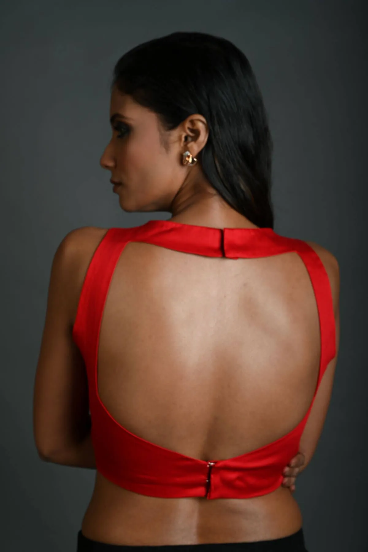 Red Sleeveless Halter Neck Blouse with Back Cutout in Cotton