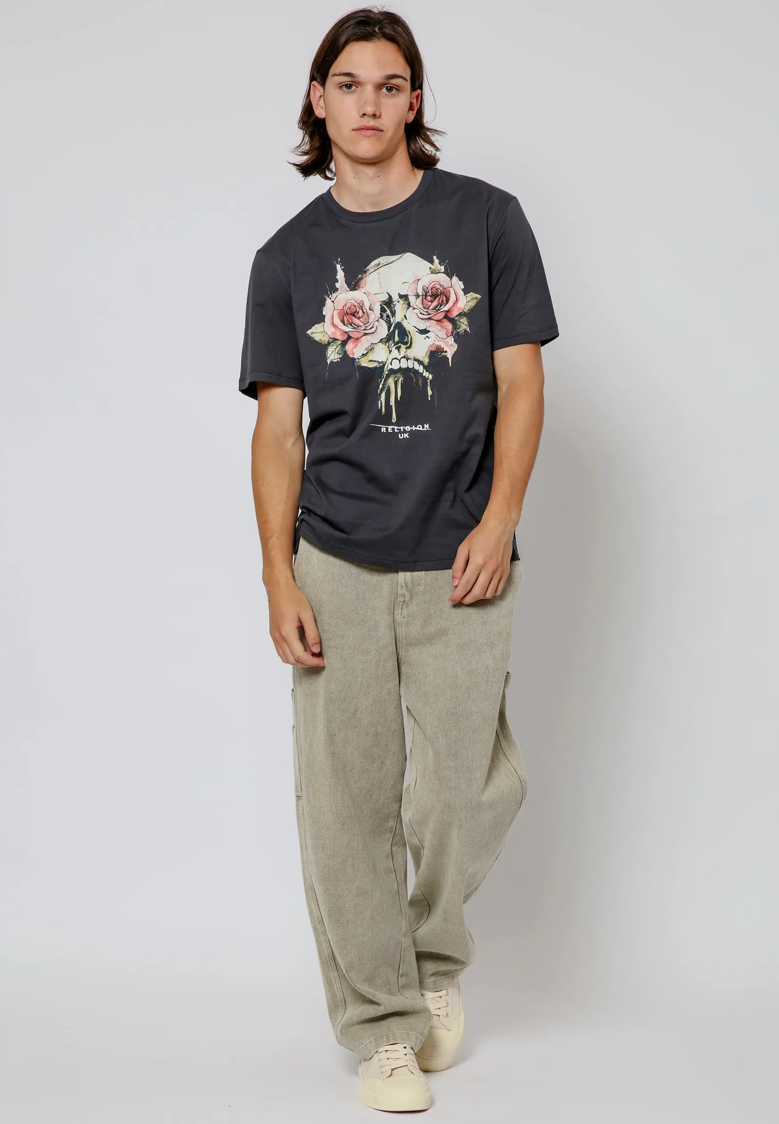 ROSES SKULL T-SHIRT WASHED BLACK