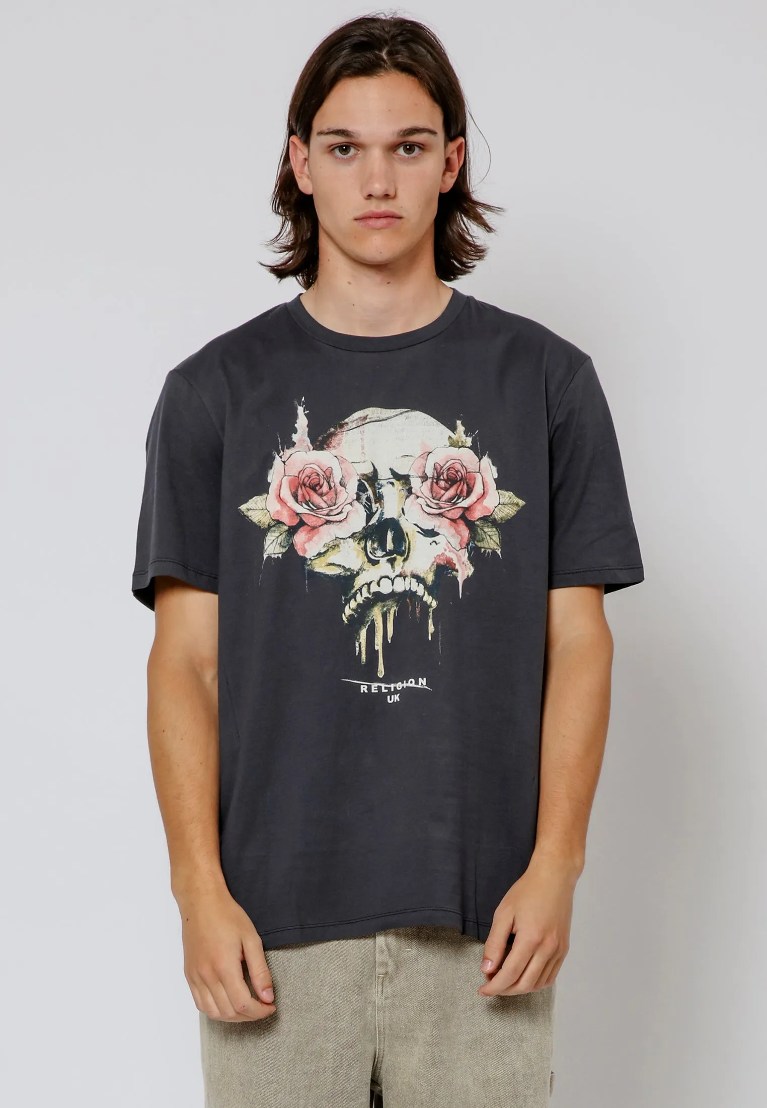 ROSES SKULL T-SHIRT WASHED BLACK