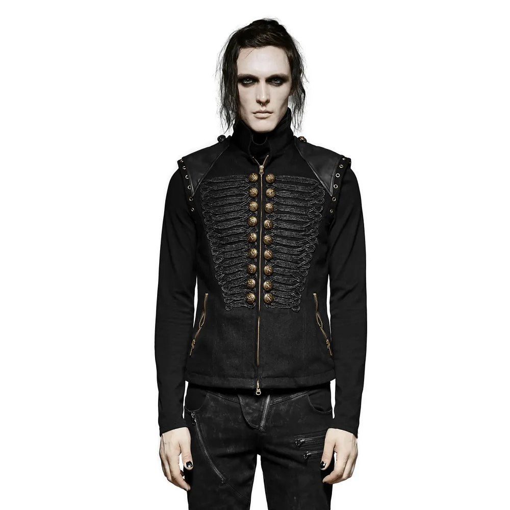 Rugged Denim Military Waistcoat with Ornate Button Detail