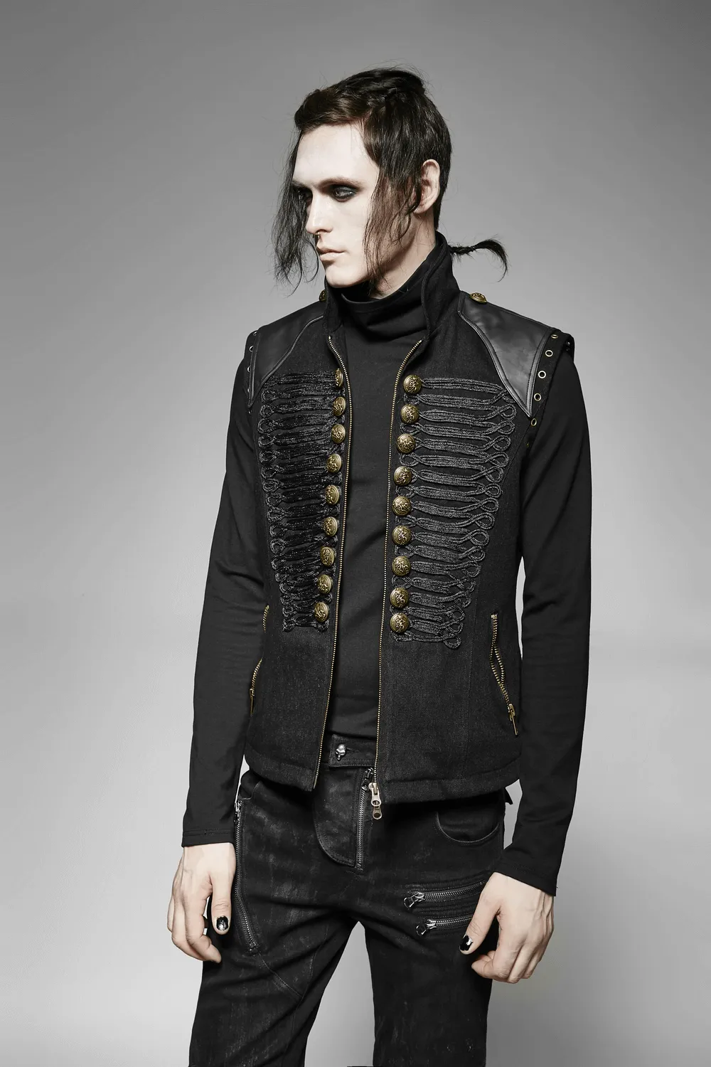 Rugged Denim Military Waistcoat with Ornate Button Detail