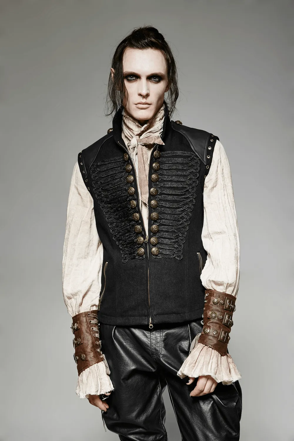 Rugged Denim Military Waistcoat with Ornate Button Detail