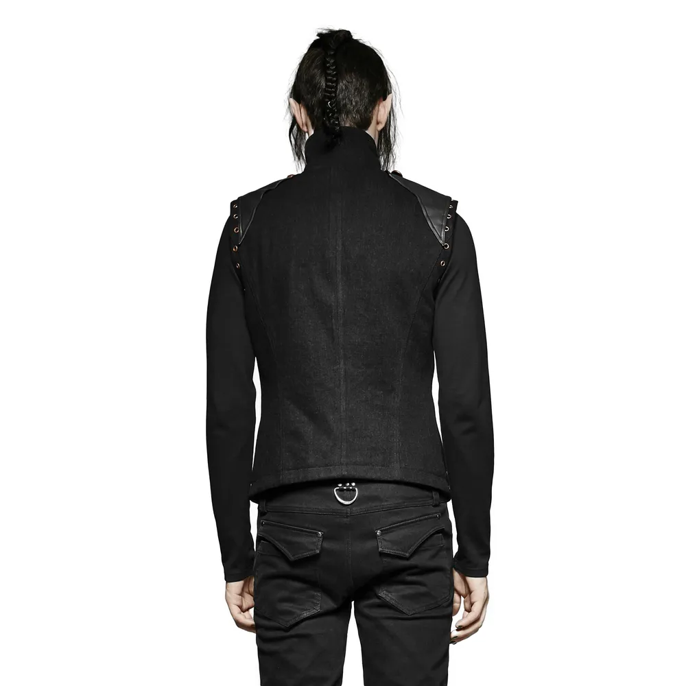 Rugged Denim Military Waistcoat with Ornate Button Detail