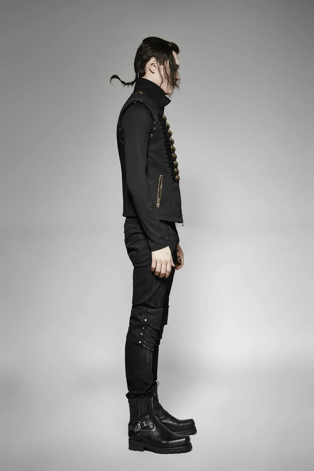 Rugged Denim Military Waistcoat with Ornate Button Detail
