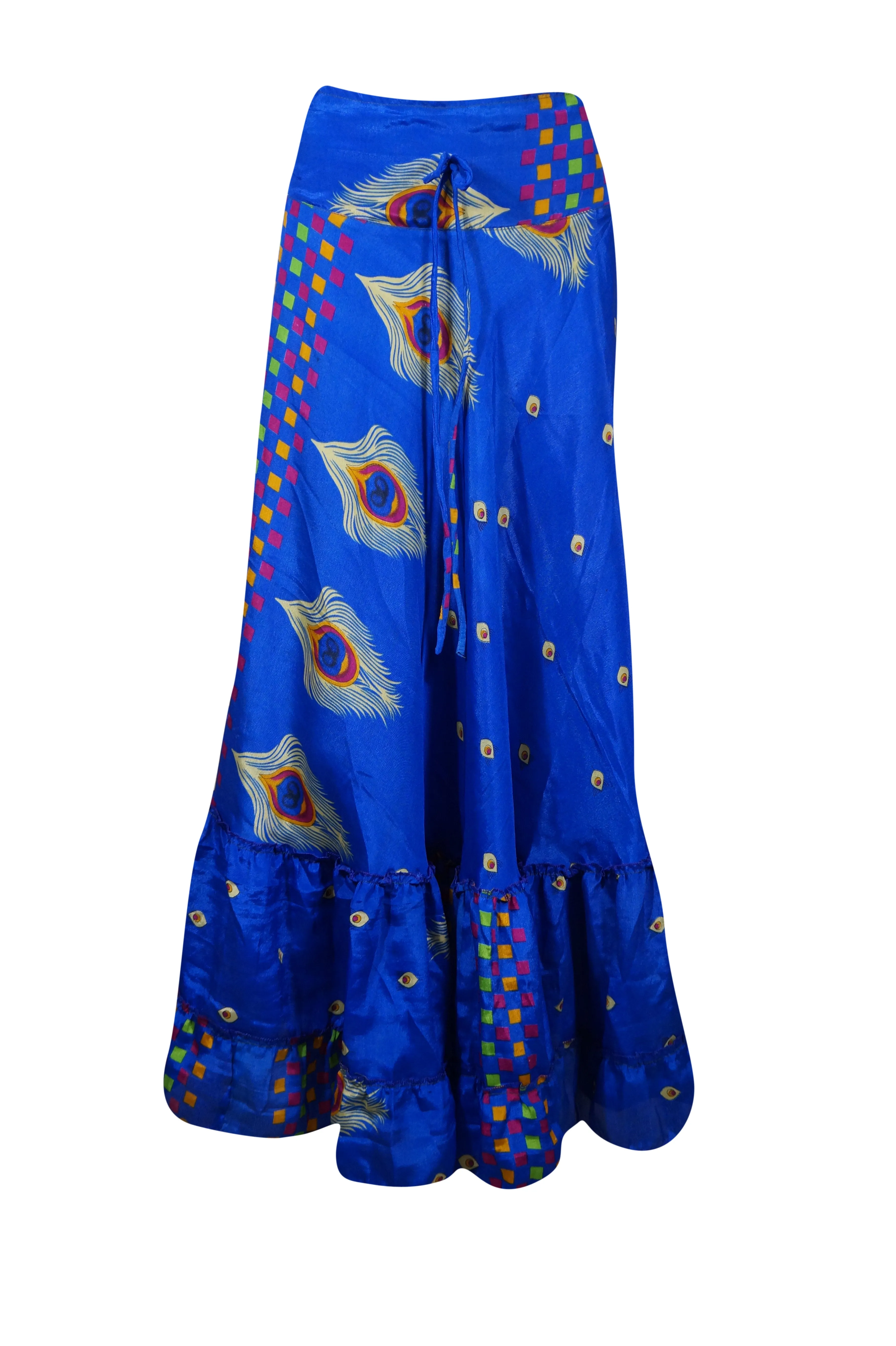 Sapphire Blue Flowy Long Skirts for Women Floral Beach Maxi Skirt ML