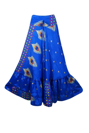 Sapphire Blue Flowy Long Skirts for Women Floral Beach Maxi Skirt ML