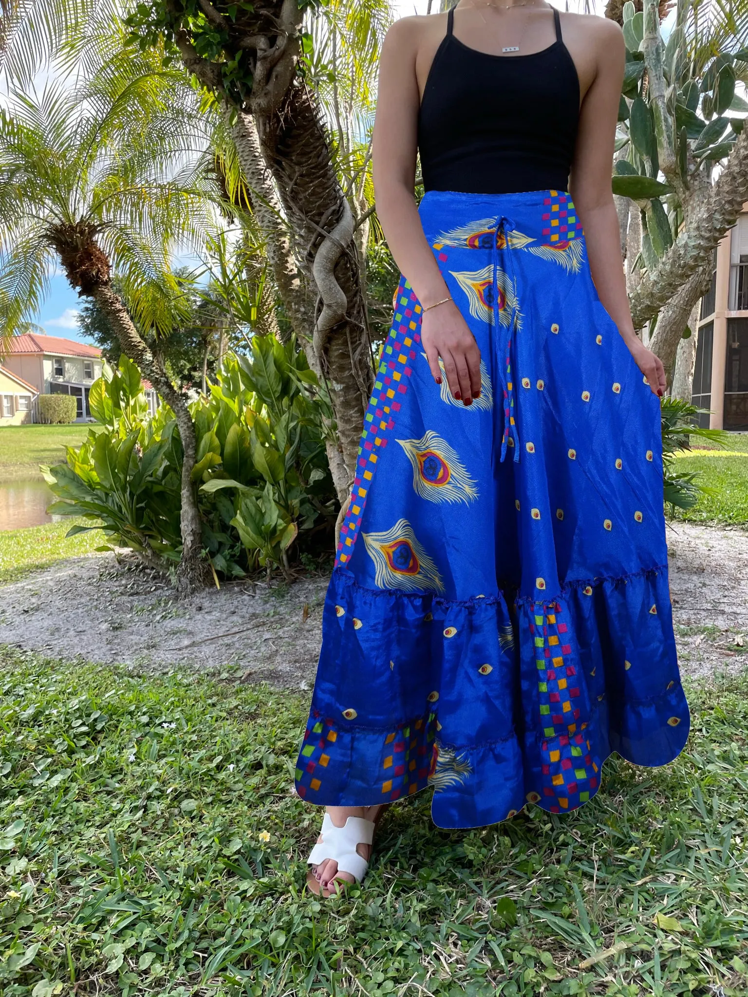 Sapphire Blue Flowy Long Skirts for Women Floral Beach Maxi Skirt ML