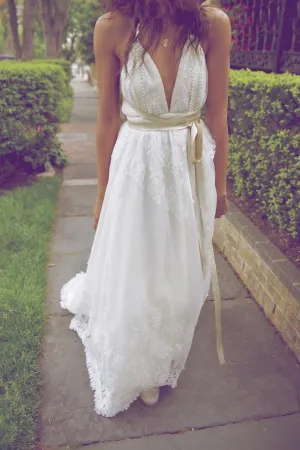 Sexy Boho V-Neck Backless Floor Length Lace Wedding Dress with Sash PFW0097
