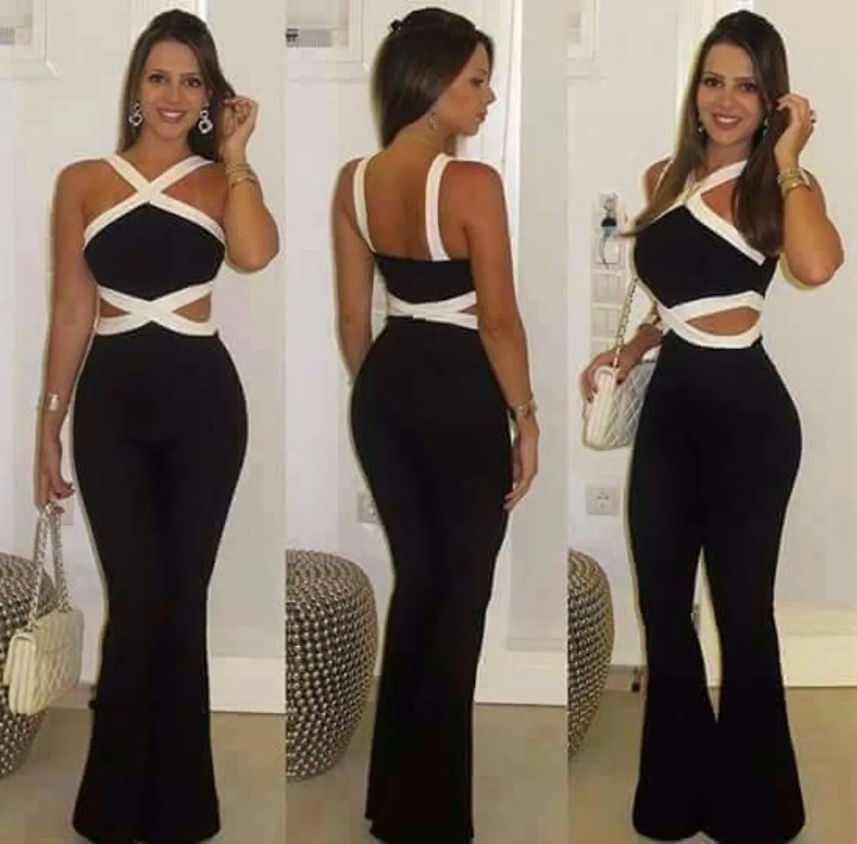 Sexy Contrast Color Bandage Flared Leg Long Jumpsuit