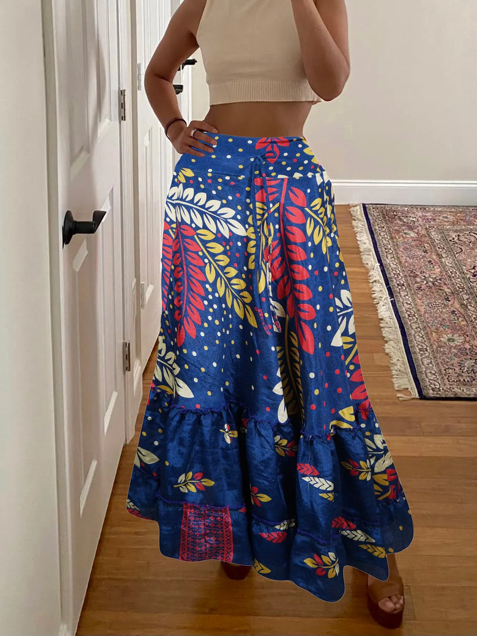 Skirts for Women Cobalt Blue Stylish Beach Maxi Skirt Tiered Ruffle Boho Skirt ML