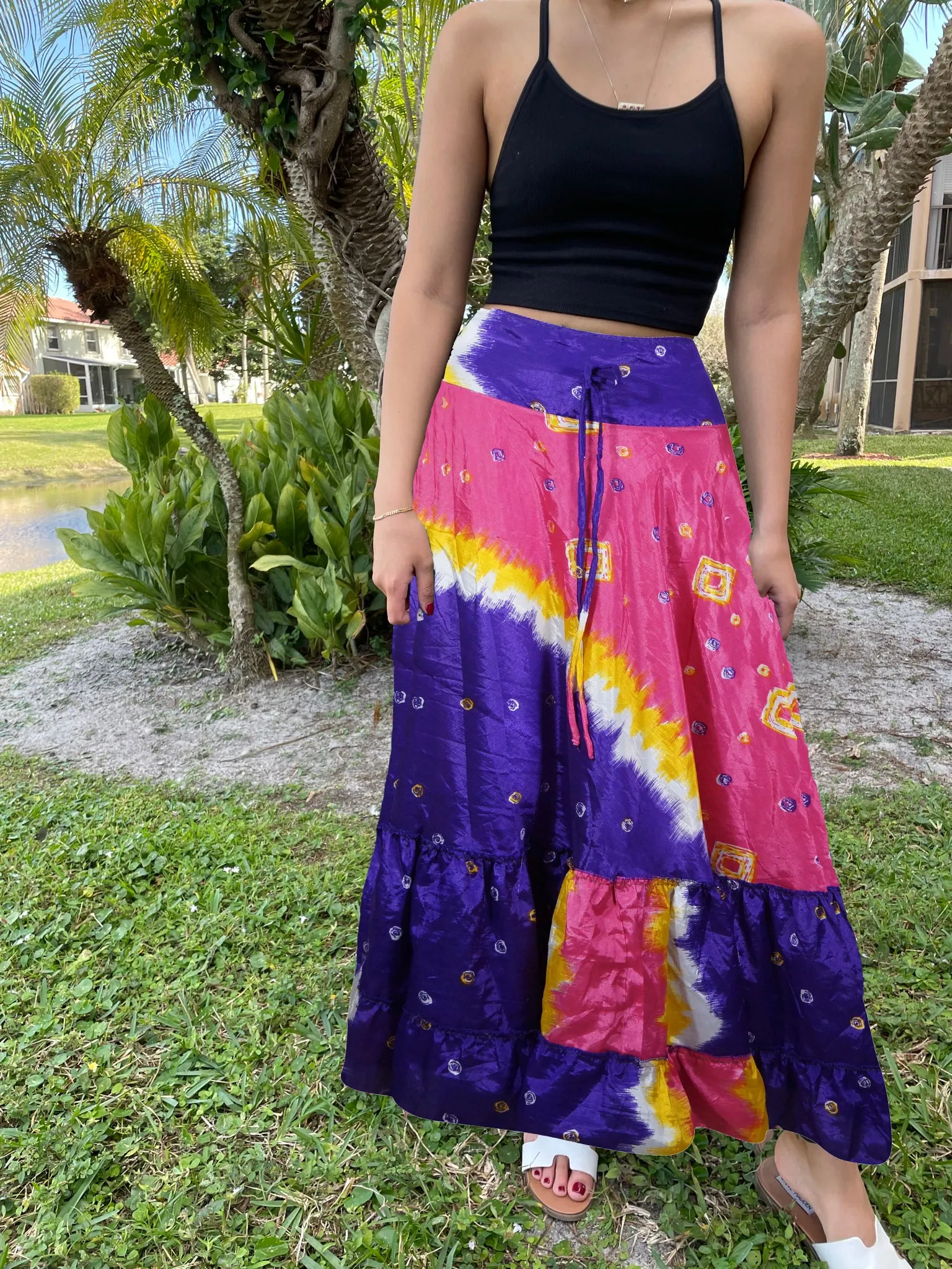 Skirts for Women Purple Pink Beach Maxi Skirt Patchwork Boho Skirt Dress M/L