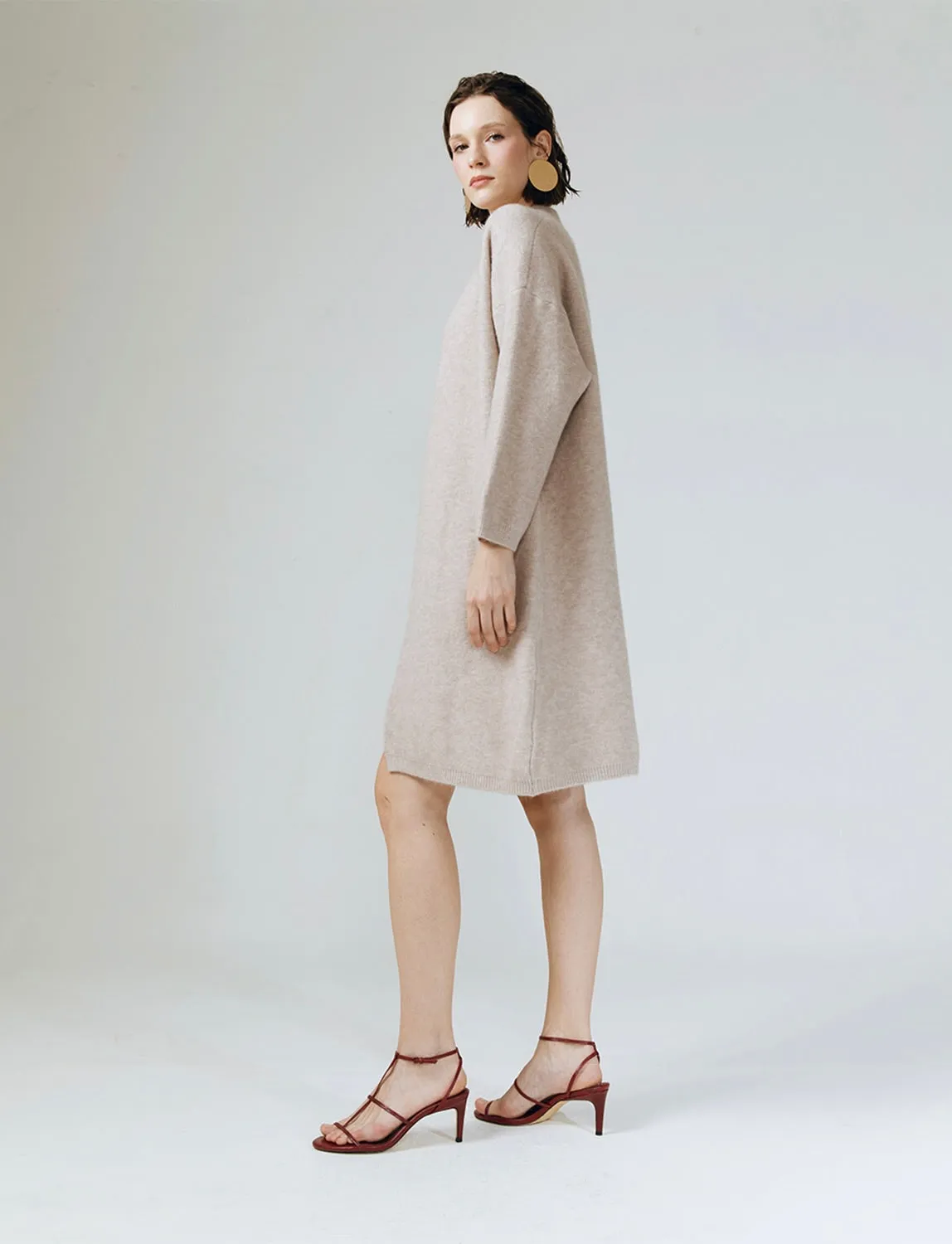 Soft Knit Dress   Cardigan Set in Beige