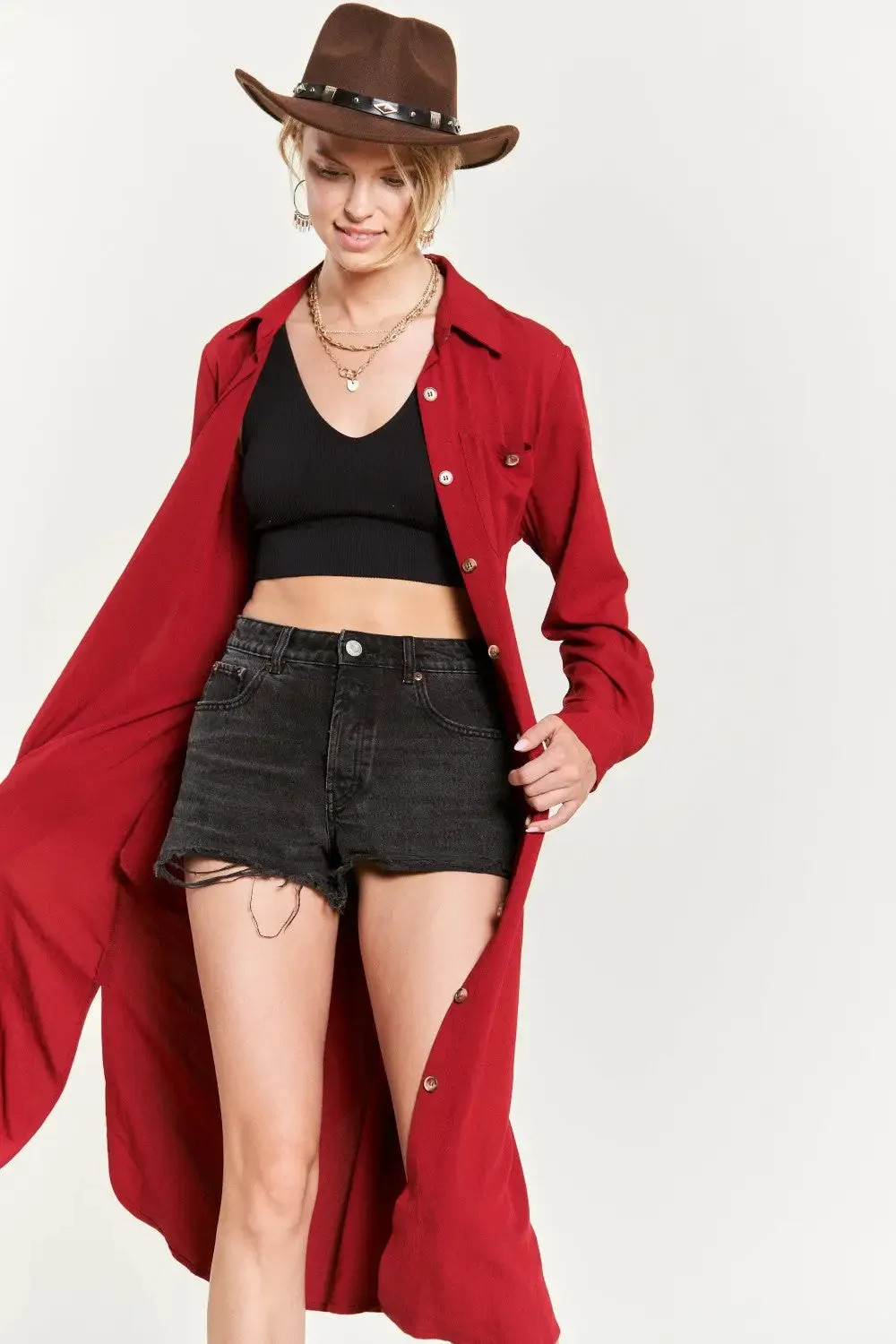 SOLID BUTTON DOWN BELTED LONG RED DRESS