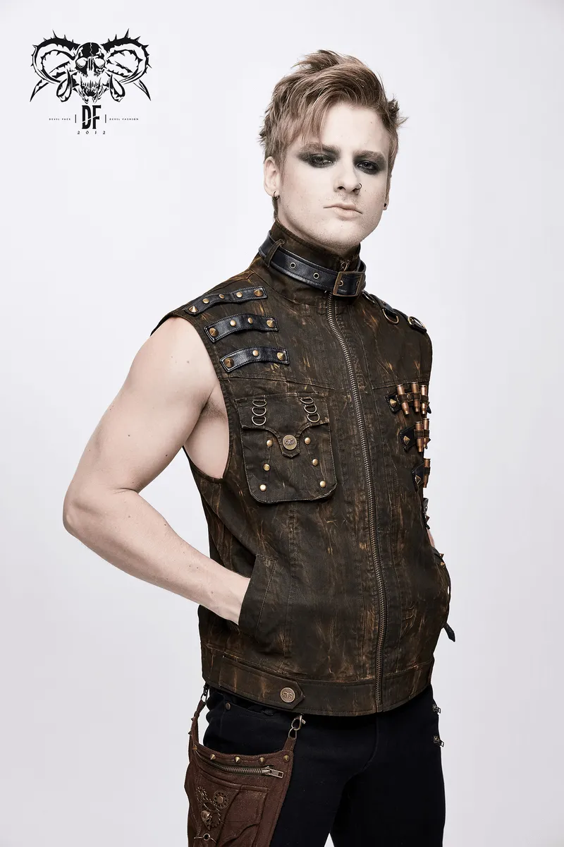 Steampunk Biker Style Zipper Sleeveless Waistcoat / Lace up on Back Waistcoat with Copper Buckles