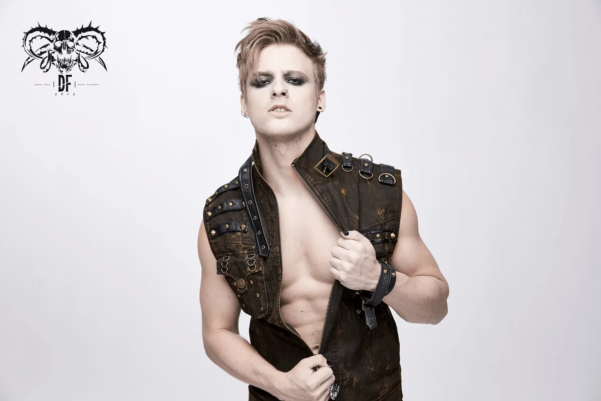Steampunk Biker Style Zipper Sleeveless Waistcoat / Lace up on Back Waistcoat with Copper Buckles
