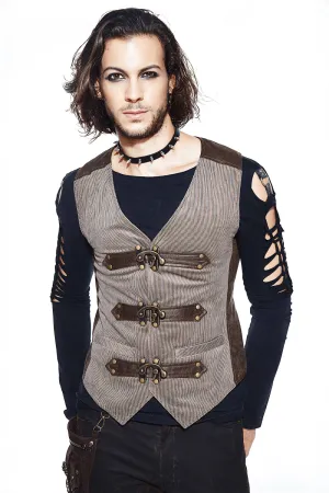 Steampunk Brown Waistcoat with Metal Busk Closure / Male Vintage Striped Vest with Buckles