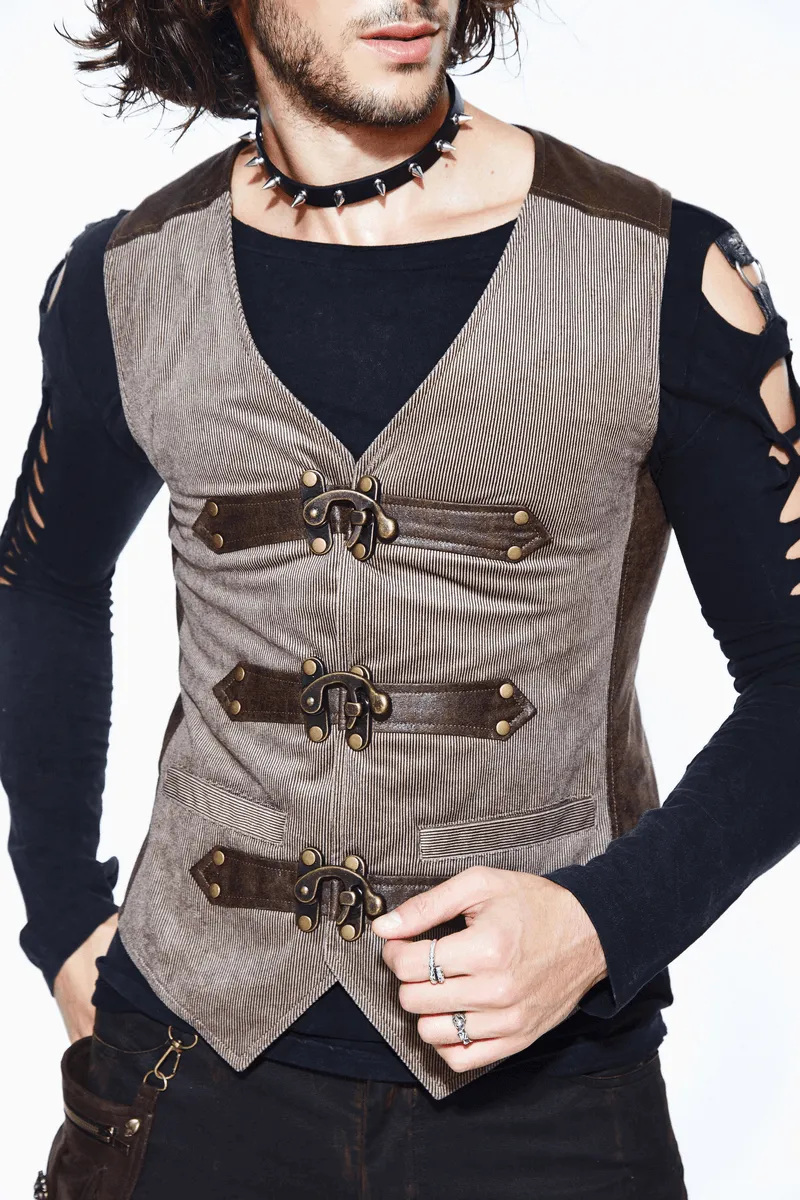 Steampunk Brown Waistcoat with Metal Busk Closure / Male Vintage Striped Vest with Buckles