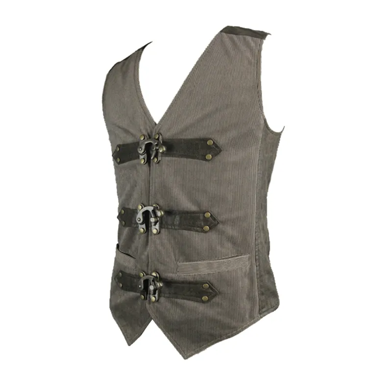 Steampunk Brown Waistcoat with Metal Busk Closure / Male Vintage Striped Vest with Buckles