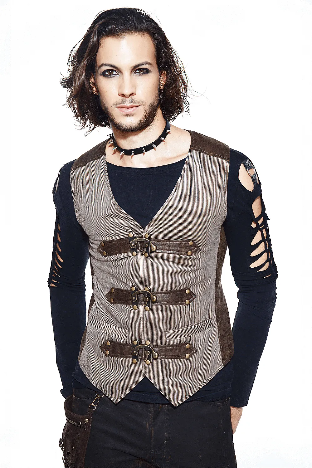 Steampunk Brown Waistcoat with Metal Busk Closure / Male Vintage Striped Vest with Buckles