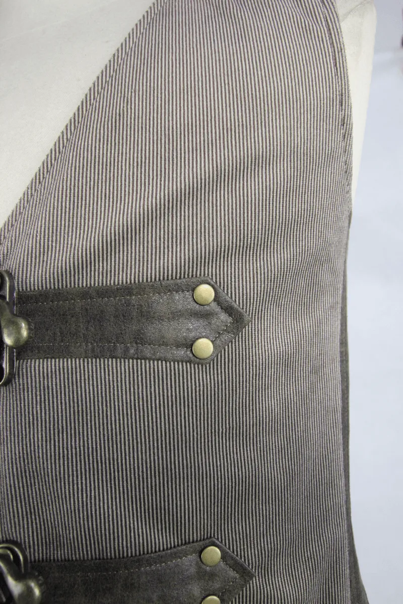 Steampunk Brown Waistcoat with Metal Busk Closure / Male Vintage Striped Vest with Buckles
