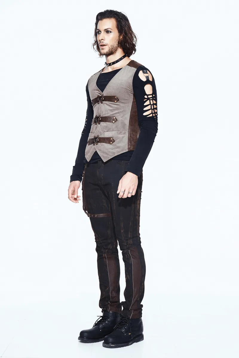 Steampunk Brown Waistcoat with Metal Busk Closure / Male Vintage Striped Vest with Buckles